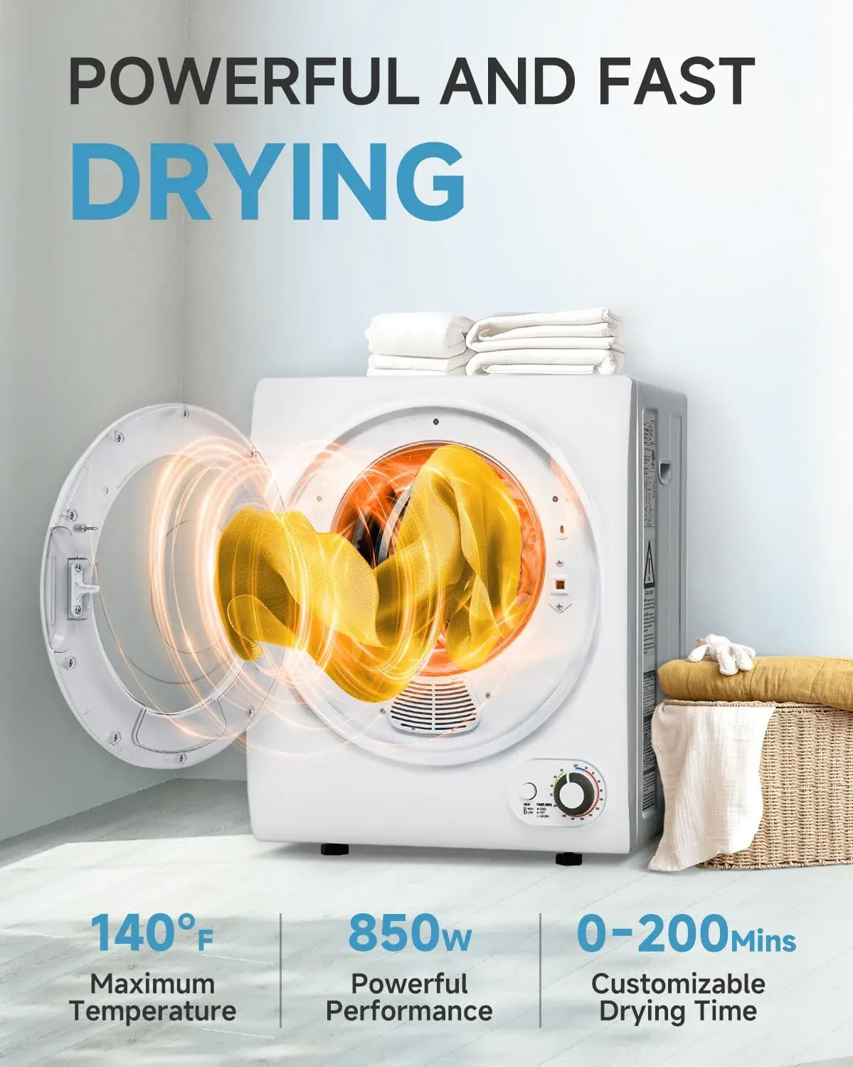 110V Portable Dryer â?850W Compact Clothes Dryer with 4 Automatic Drying Modes, Stainless Steel Tub, Simple Control Knob for Apartments, Dorms & Small Spaces