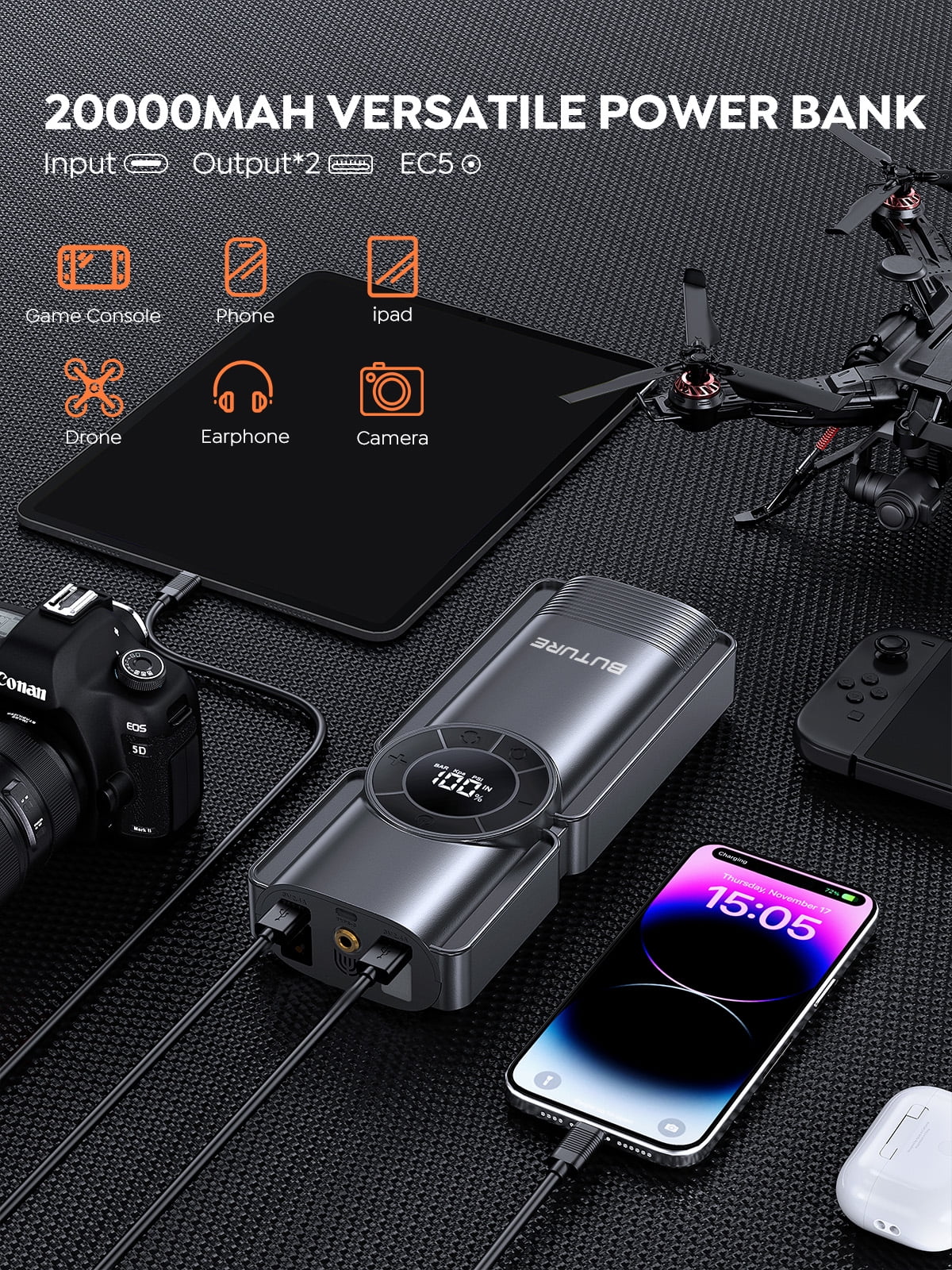 Car Jump Starter With Air Compressor Power Bank 3000A 20000mAh 12V Car Battery Jump Starter 150PSI Digital Tire Inflator Portable Battery Jump Box Buture