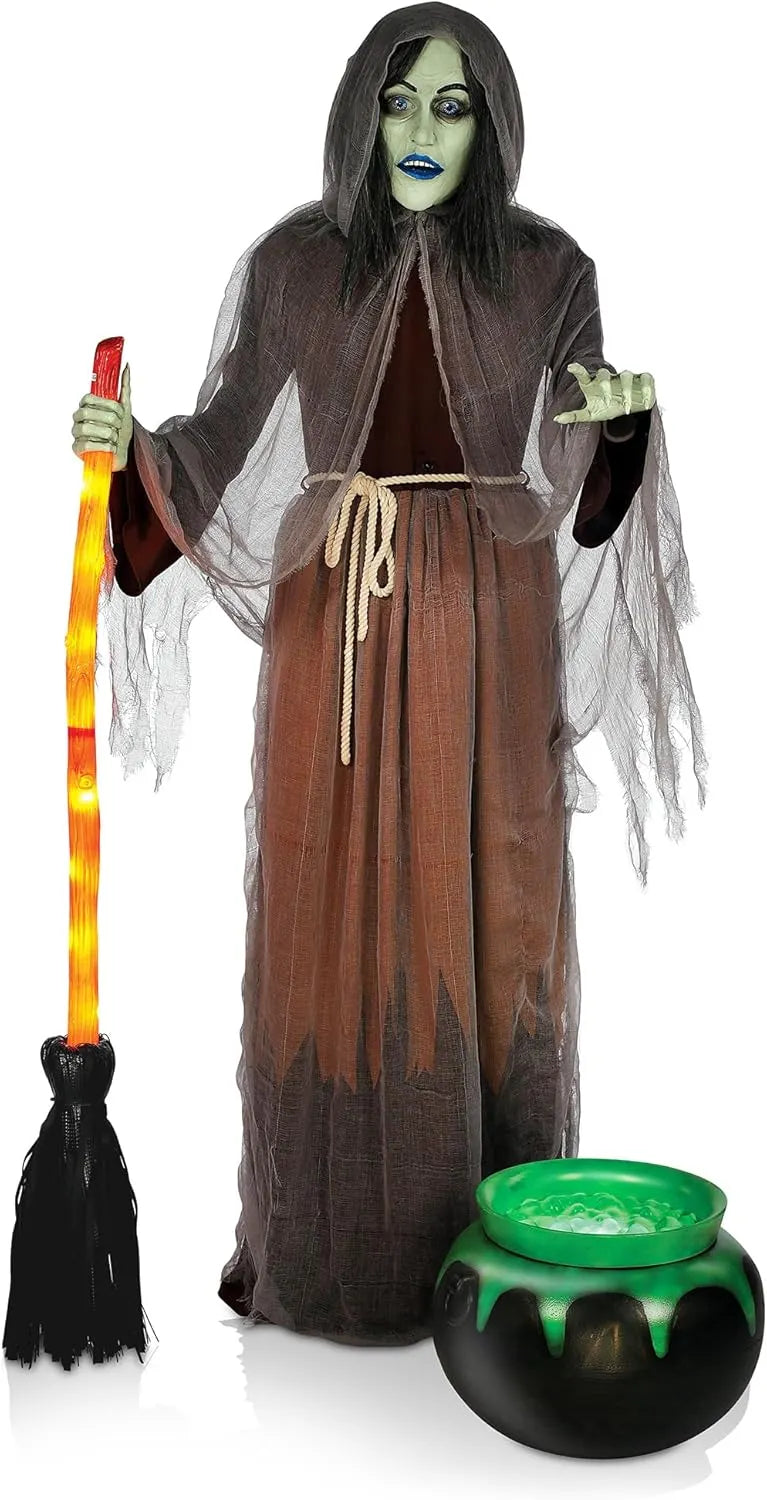 6.5ft Halloween Animatronic Grim Reaper, Mr. Grim Outdoor Halloween Decoration Standing Poseable Figure with Rotating Head, Light-up, Sound and Motion Activated
