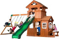 Backyard Discovery Shenandoah Cedar Wood Swing Set with Wave Slide, Raised Clubhouse, Playhouse, Play Kitchen, Belt Swings, Trapeze, Rock Wall, Ladder, Picnic Table, Full Door, Outdoor Playset