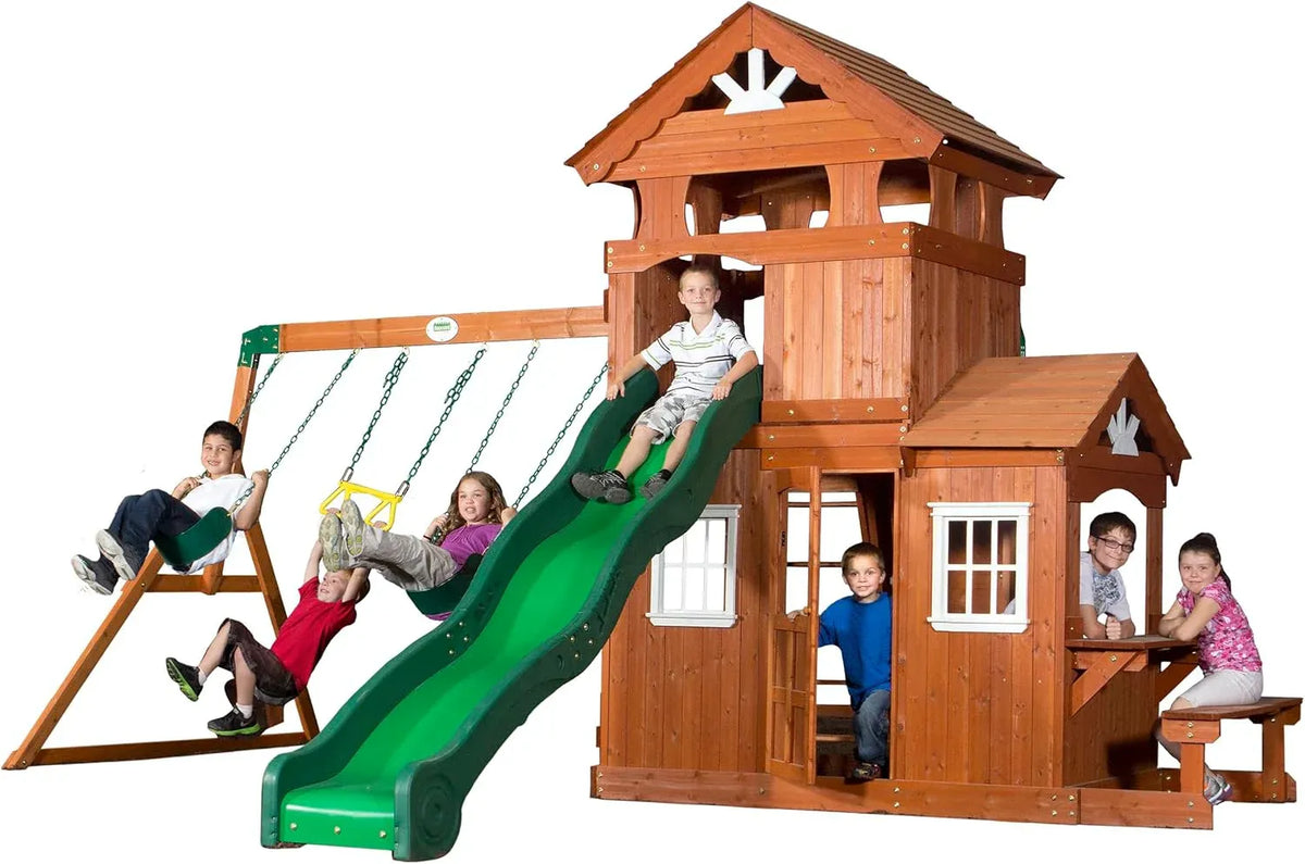 Backyard Discovery Shenandoah Cedar Wood Swing Set with Wave Slide, Raised Clubhouse, Playhouse, Play Kitchen, Belt Swings, Trapeze, Rock Wall, Ladder, Picnic Table, Full Door, Outdoor Playset