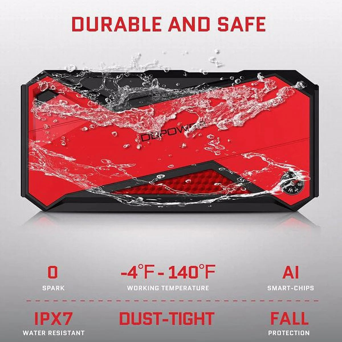 DBPOWER Peak 1600A 18000mAh Car Battery Jump Starter, up to 7.2 Gas, 5.5L Diesel Engines, Portable Battery Booster with Smart Charging Port, LCD Display, Intelligent Jumper Clamps, DJS90, Red Black