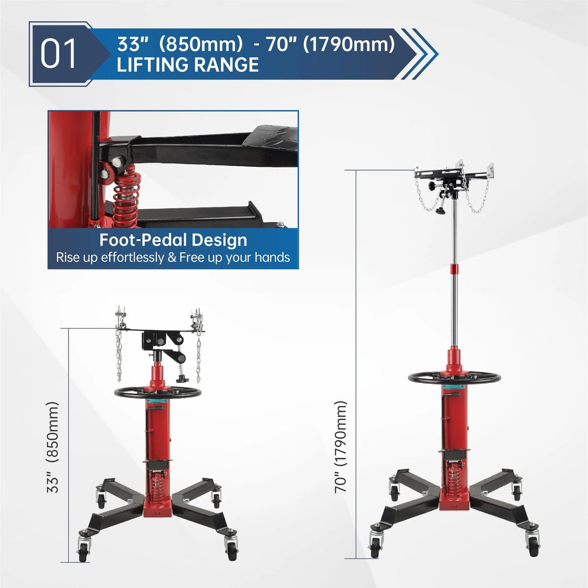 BATONECO 1660 lbs/0.75T Capacity Hydraulic Transmission Jack 34 - 70 Adjustable Height Telescopic Transmission Jack 2-Stage w/ Pedal 360° Swivel Wheel Lift Hoist for Car Lift Garage