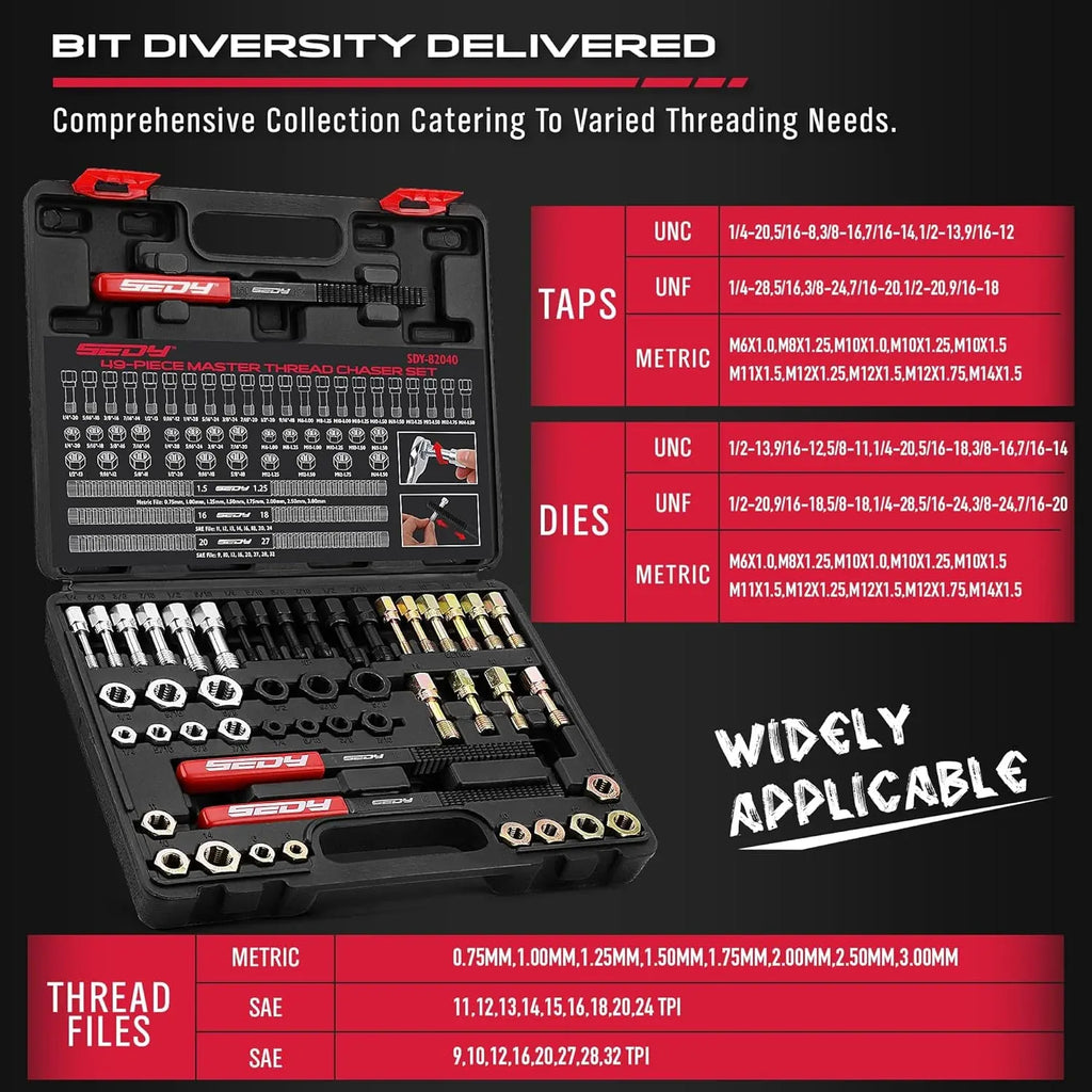 Thread Repair Thread Chaser Tool Set - 49PCS Thread Cleaner Rethreading Master Kit Metric SAE Bolt Restorer File Nut Rethreader Automotive Wheel Stud Spark Plug Engine Standard Screw Threading UNC UNF