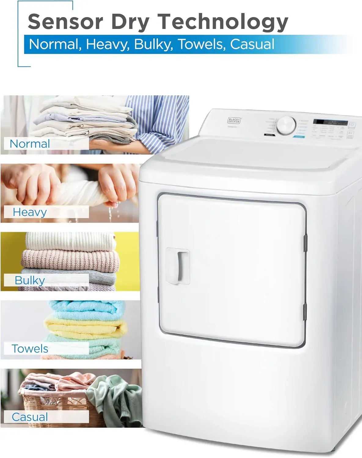 BLACK+DECKER 7.0 Cu. Ft. Front Load Dryer, Clothes Dryer with LED Display and Dial Control, 5 Senor and Manual Dry Selections, Wrinkle Care, 240V, BLD67ME, White