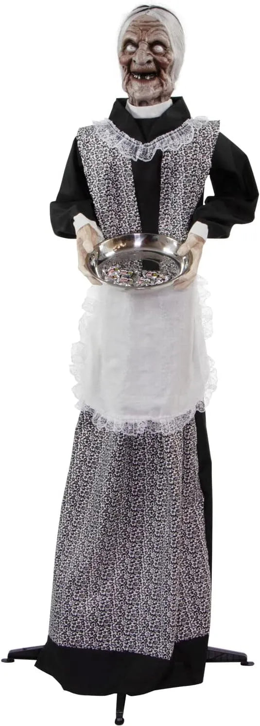 Haunted Hill Farm Life-Size Halloween Animatronic, Scary Talking Zombie Maid with Touch Activated Lights and Sounds, Battery Operated Indoor or Covered Outdoor Halloween Decorations for Home