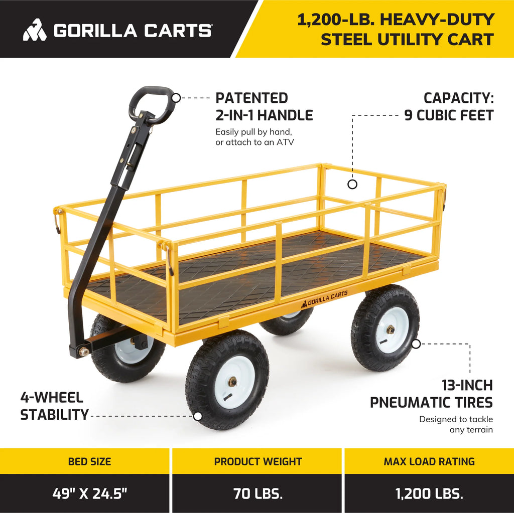 Gorilla Carts 1200 Pound Capacity Steel Utility Cart Wagon with Removable Sides