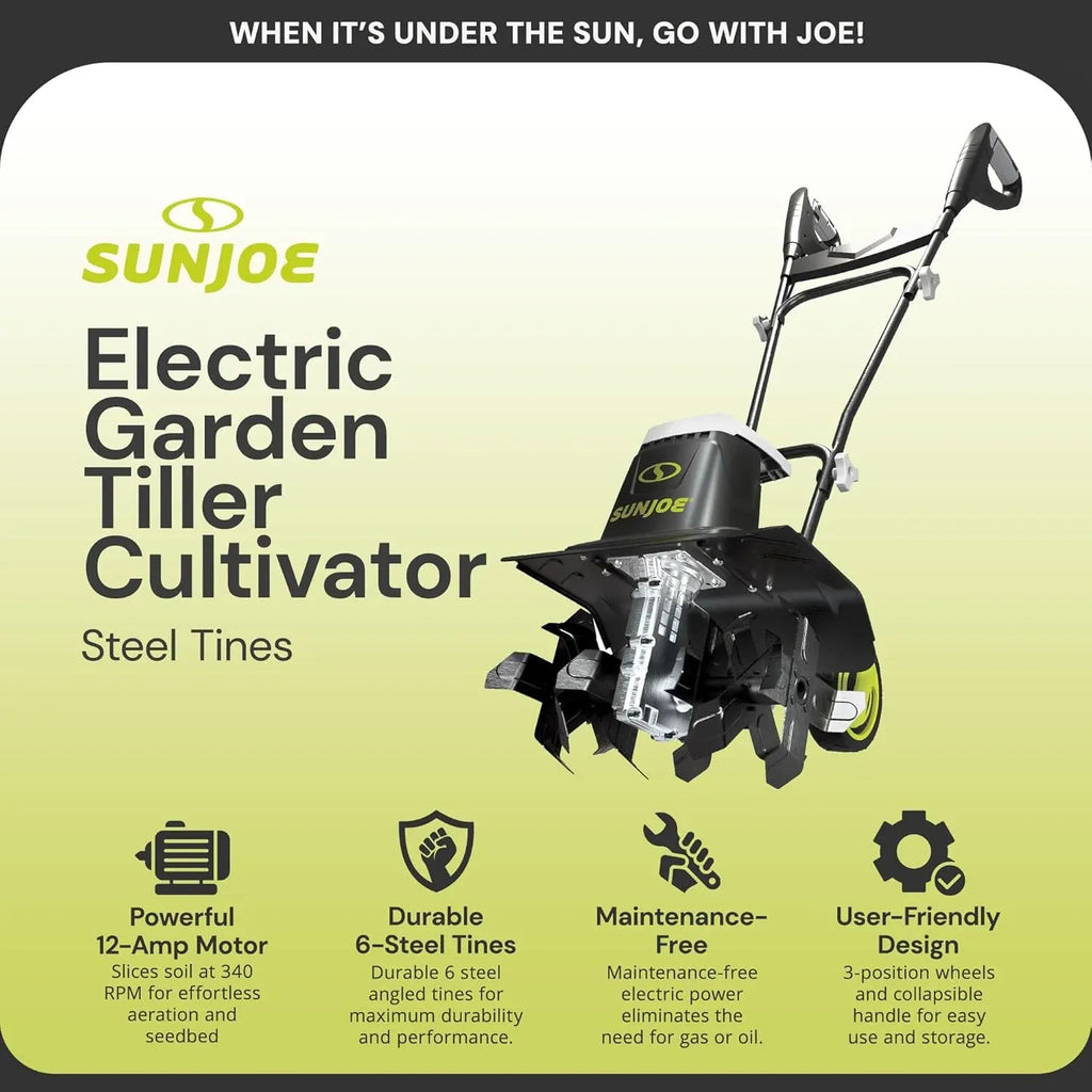 Sun Joe Electric Garden Tiller Cultivator, Steel Tines, 12 Amp, 16 Inch, Black - Heavy-Duty Gardening Machine & Equipment for Gardens, Lawns & Yards, TJ603E