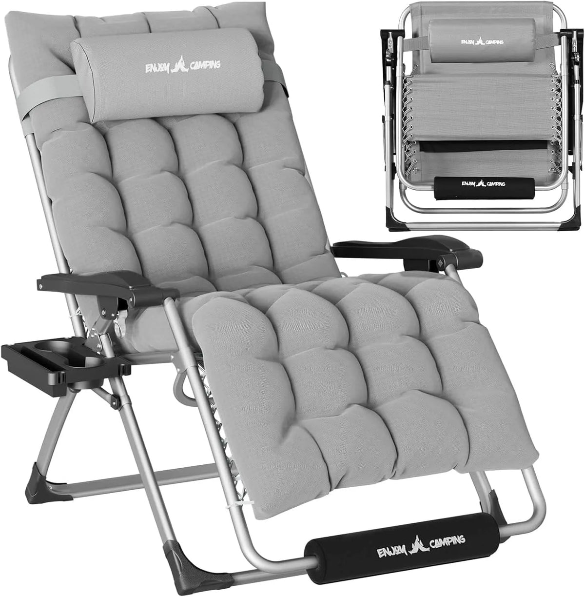 Amopatio Oversized Zero Gravity Chair with Cushion, XL Folding Outdoor Lounge Reclining Patio Chair with Tray/Footrest/Headrest for Camping Sunbathing Relaxing