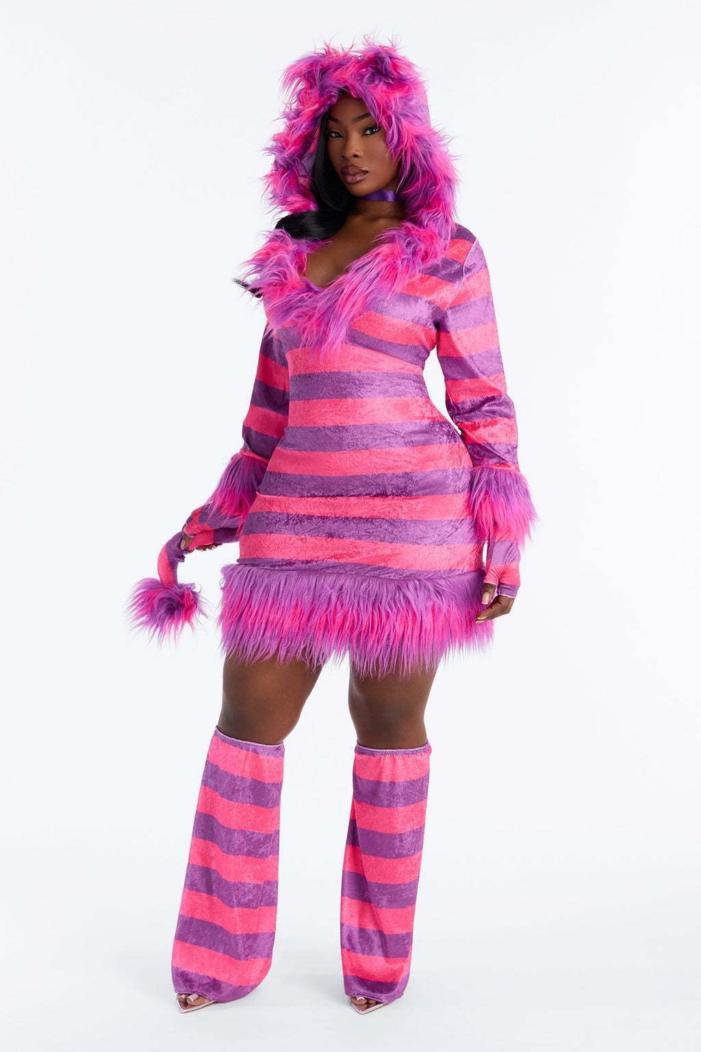 Fuzzy Pink Kitty Costume with Hooded Dress and Fingerless Gloves, Leg Warmers