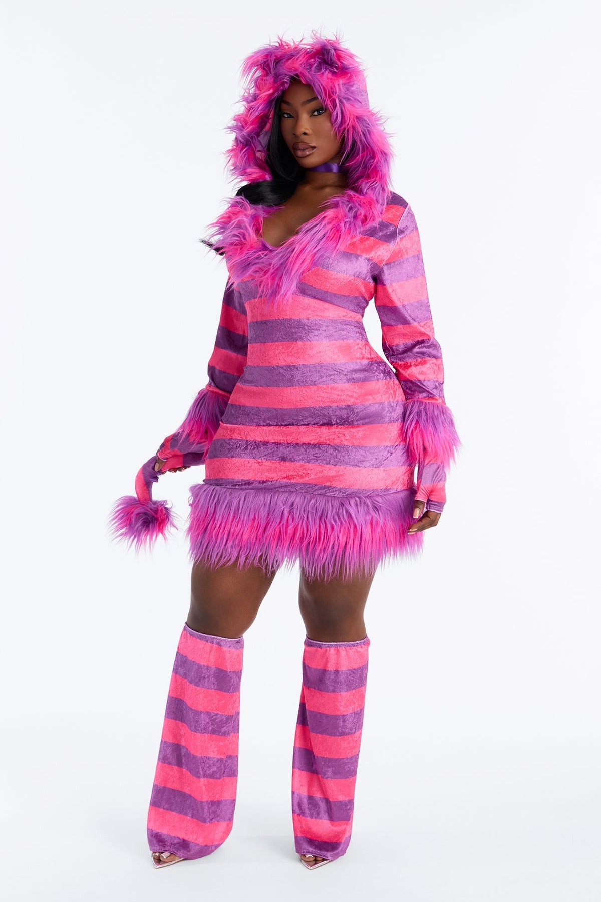 Fuzzy Pink Kitty Costume with Hooded Dress and Fingerless Gloves, Leg Warmers
