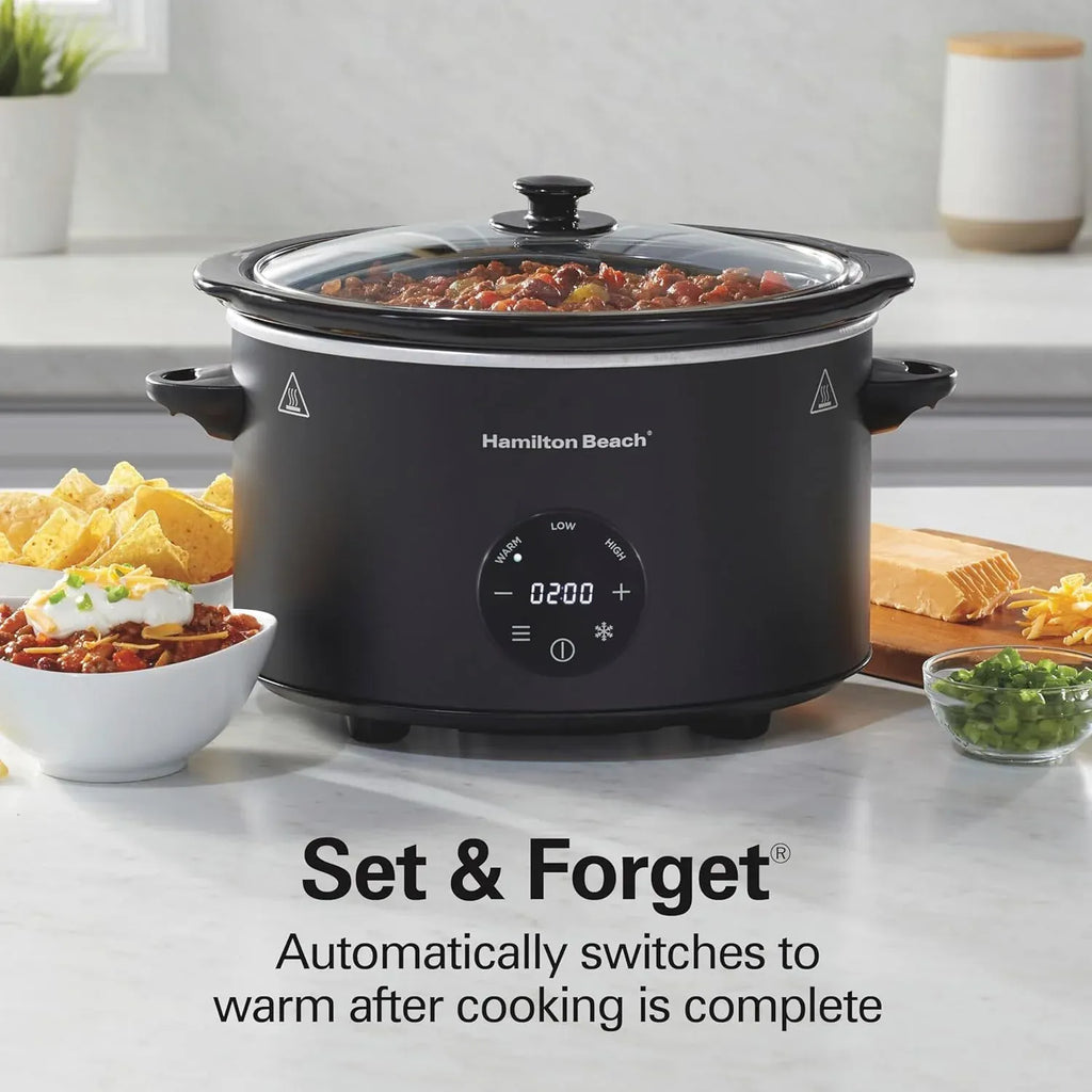 Hamilton Beach 6 Quart Set & Forget Programmable Slow Cooker with Defrost Function, Flexible Programming, Adjustable Countdown Timer, Large Dishwasher Safe Stoneware Crock and Glass Lid, Black (33765)