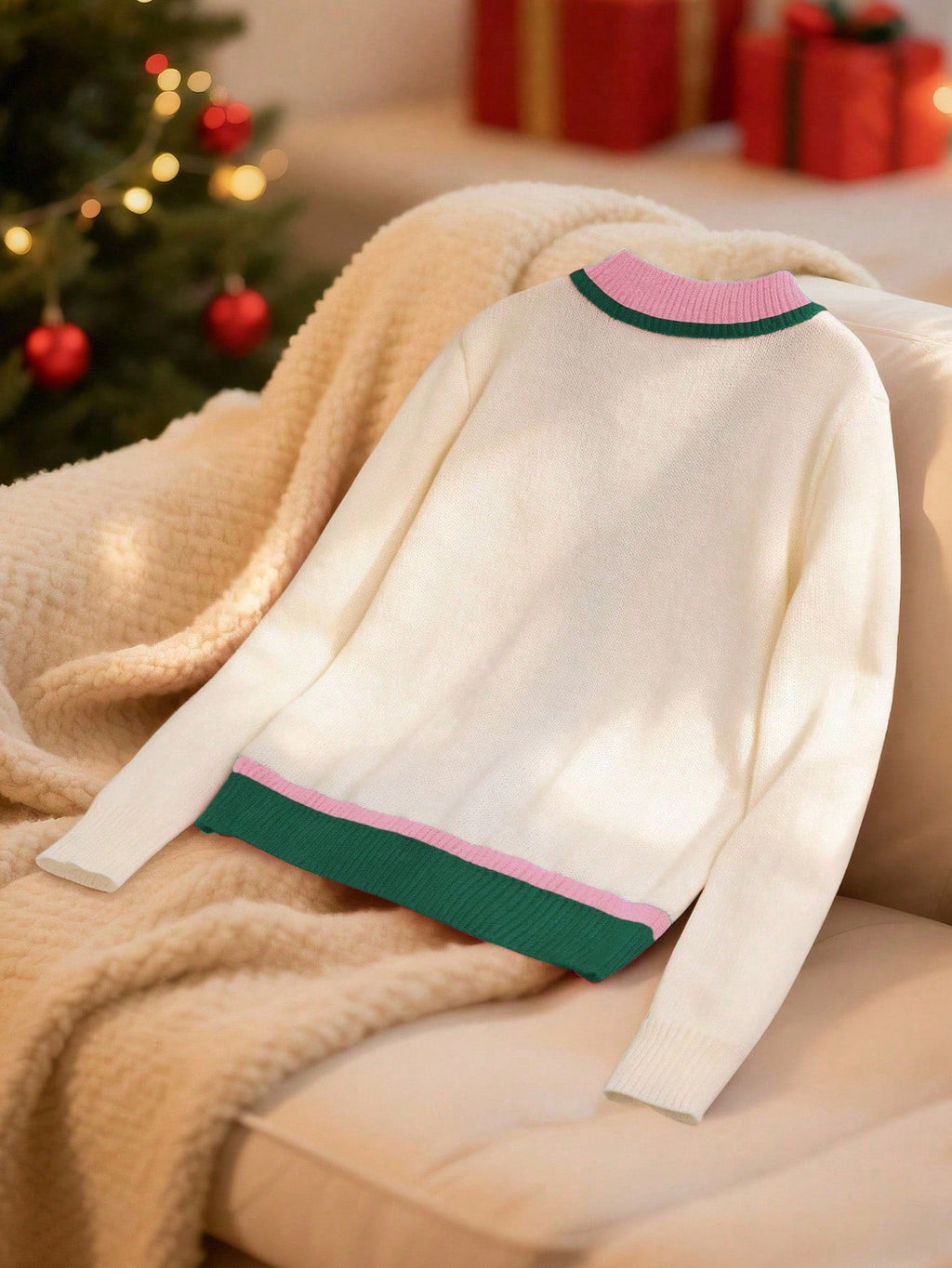 Festive Knit Cardigan with V-Neckline and Drop Shoulders, Multicolor Christmas Pattern