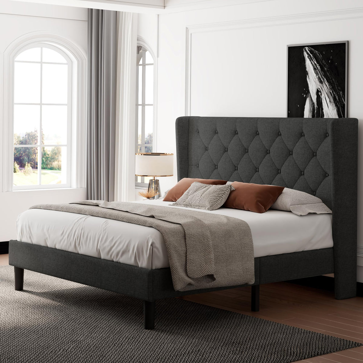 Feonase Full Size Bed Frame with Upholstered Wingback Headboard, Platform Bed and Heavy Duty Wooden Slats Support, Easy Assembly, Noise-Free, No Box Spring Needed, Dark Gray