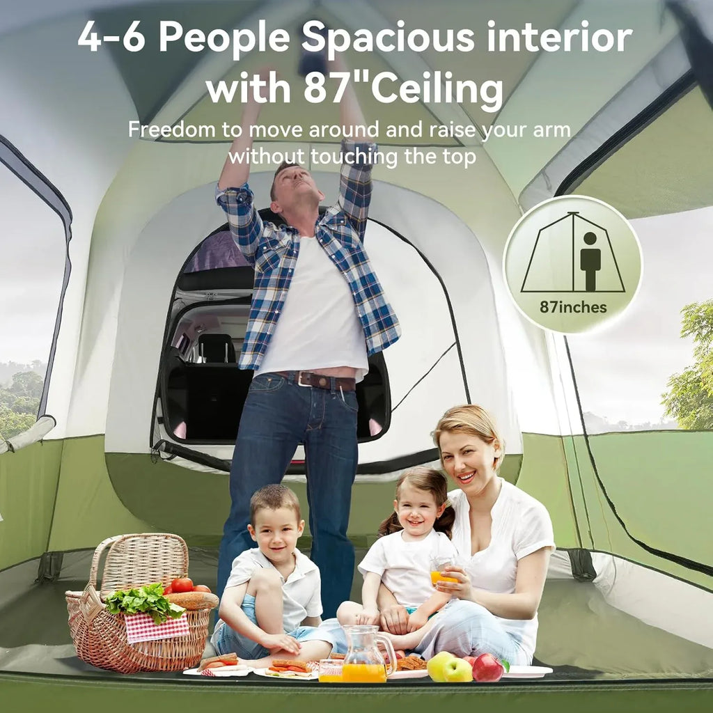 SUV Tent for Camping with 2 Awnings, 4-6 Person Waterproof Car Truck Camping Tent with Thickened Poles, PU3000mm SUV Tailgate Van with Rainfly, Army Green