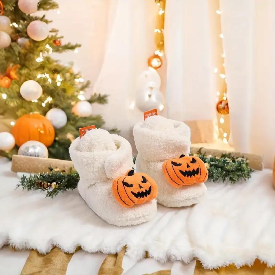 Childrens Ankle High Fleece Slippers with Halloween Pumpkin and Spider Print