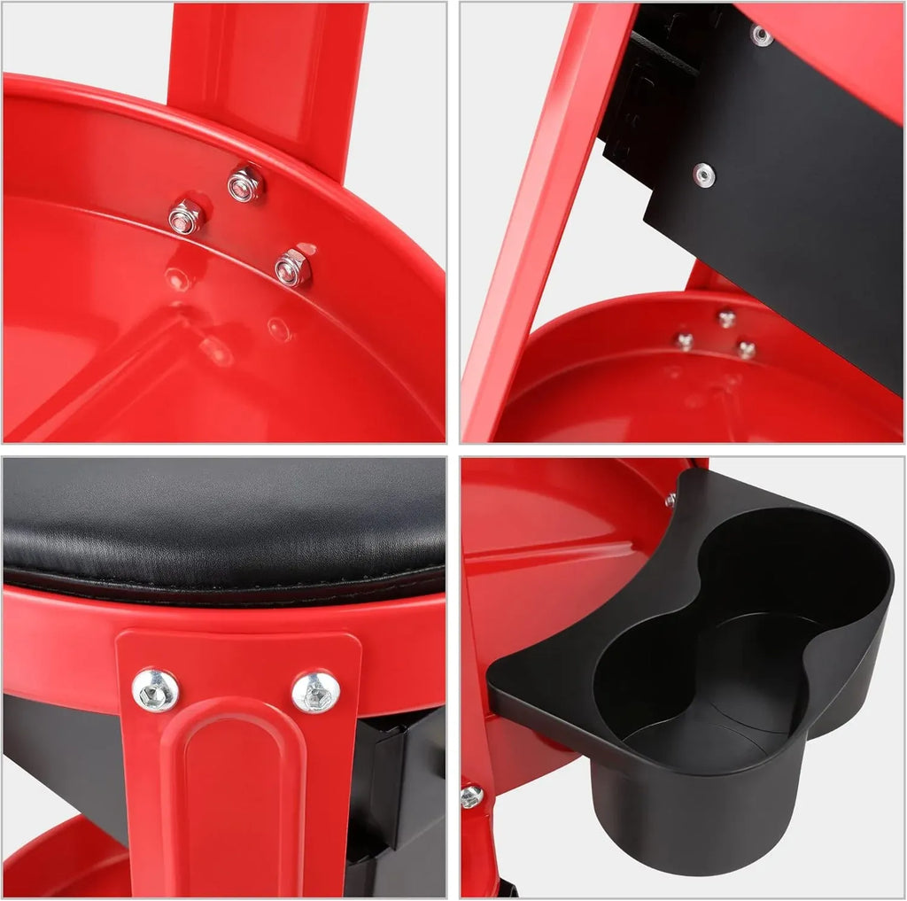 Motoring TOOLS-00197 Round Mechanics Roller Seat Creeper Stool With Padded Cushion, Tool Storage Drawer & Tray, 300 Lbs Max Weight Capacity
