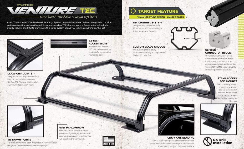 PUTCO Venture TEC Rack - 2016-2021+ Toyota Tacoma 6' Standard Box - 184410