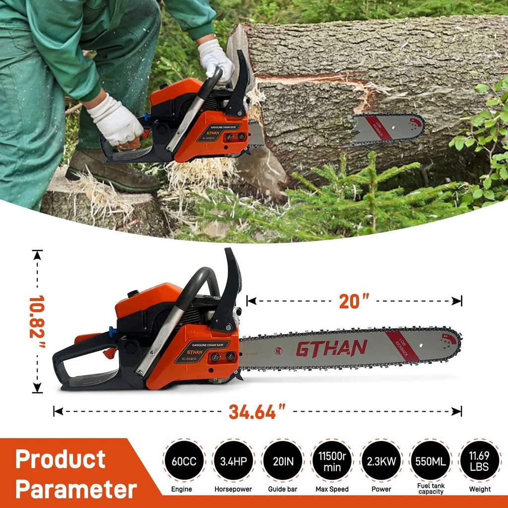 Gas Chainsaw 60cc 2-Cycle Gasoline Powered Chainsaws 20-Inch Professional Power Chain Saws For Forest Cutting Trees, Wood, Garden and Farm Use