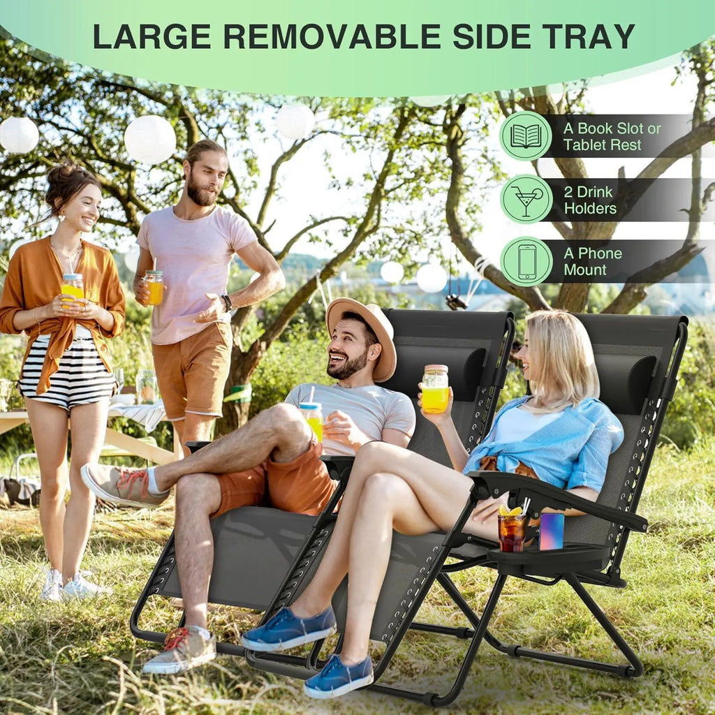 Zero Gravity Chairs Set of 2, Zero Gravity Lounge Chair w/Upgraded Lock, Big Cup Holder and Pillow, Reclining Patio Chairs Folding Recliner for Indoor and Outdoor