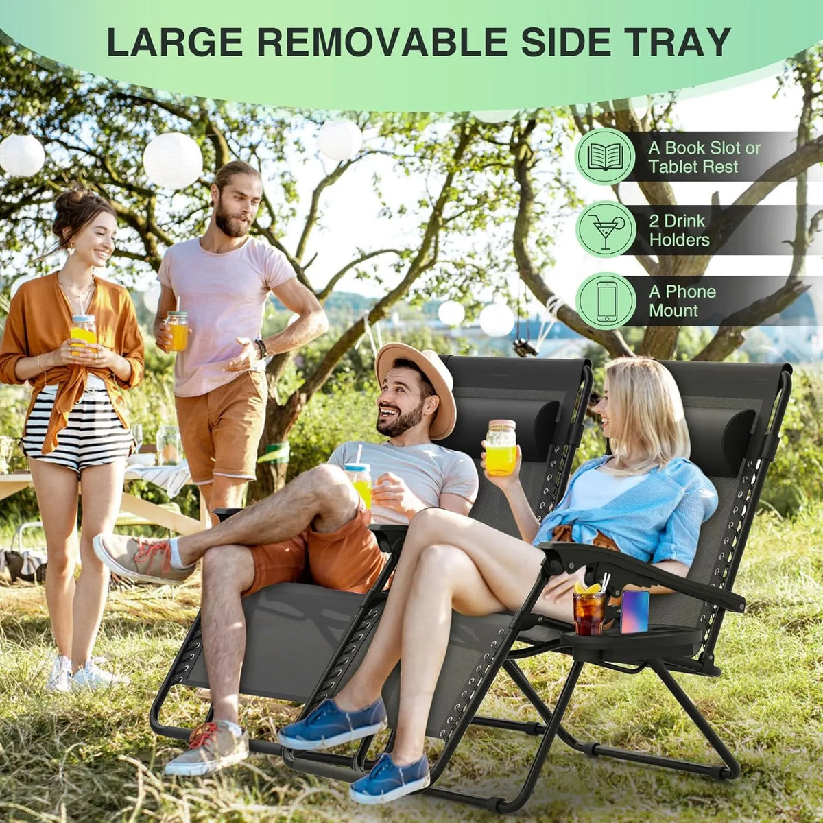 Zero Gravity Chairs Set of 2, Zero Gravity Lounge Chair w/Upgraded Lock, Big Cup Holder and Pillow, Reclining Patio Chairs Folding Recliner for Indoor and Outdoor