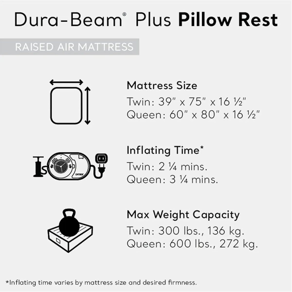 Intex Raised Airbed Mattress with Built-in Pump, Dura-Beam Plus Pillow, Twin - Portable Inflatable Luxury Blow-Up Bed for Adults, Camping, Guests