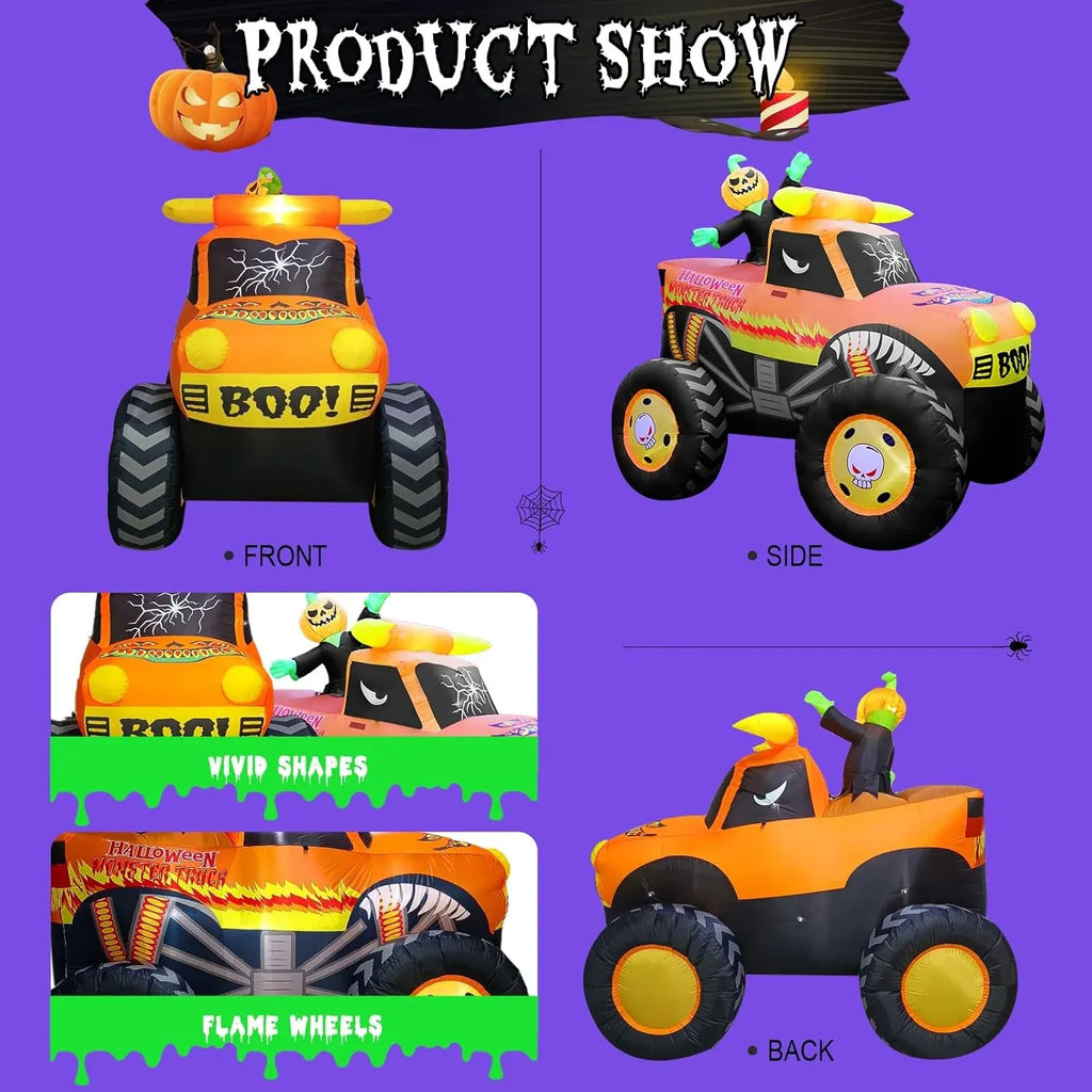 8FT Halloween Inflatable Pumpkin Monster Truck, Inflatable Vehicle Yard Decorations Built-in 8 LED for Halloween Inflatables Outdoor Decoration Home Party Supplies Lawn Halloween Decor