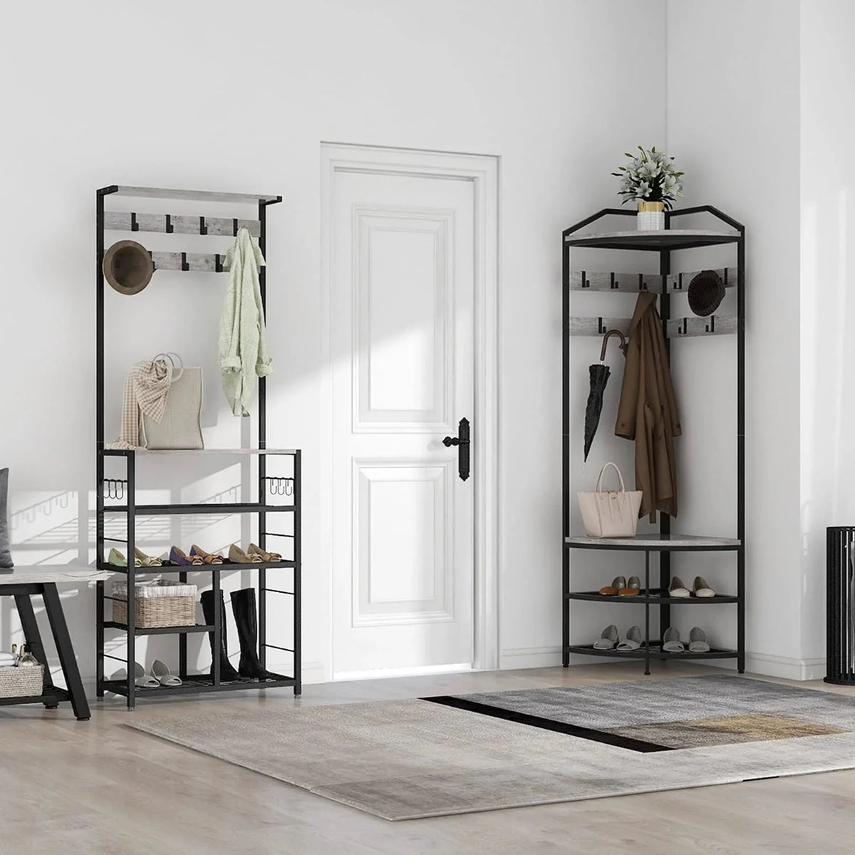 SQRTYVG TUIONMJ Modern Black Entryway Corner Hall Tree with Shoe Bench Entryway Coat Rack with 10 Metal Movable Hooks Wooden TUIONMJ Shoes TUIONMJ Organizer for Home Office Bedroom (Black