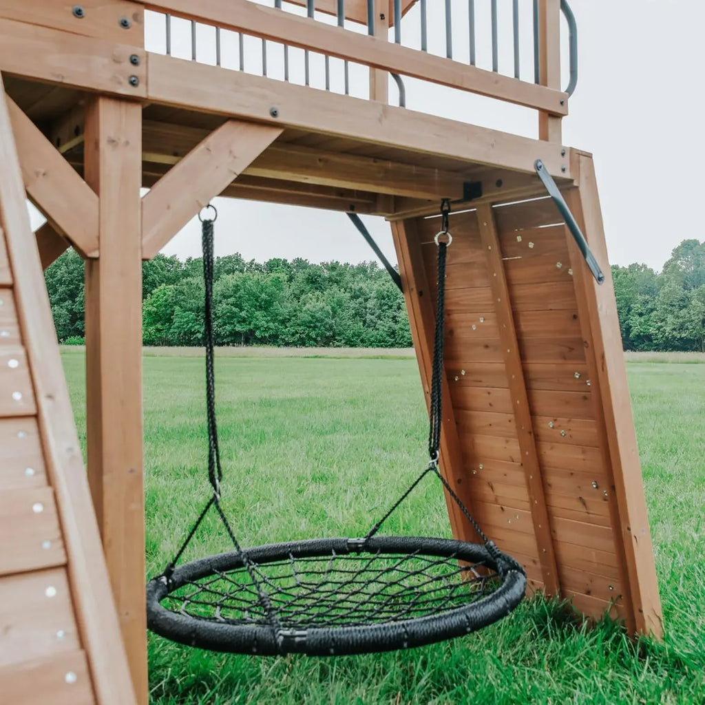 Backyard Discovery Sterling Point Cedar Wood Swing Set with Wave Slide, Raised Clubhouse, Wooden Bridge, Rock Wall, Belt Swings, Web Swing, Trapeze, Balcony, Climbing Wall, Ladder, Outdoor Playset