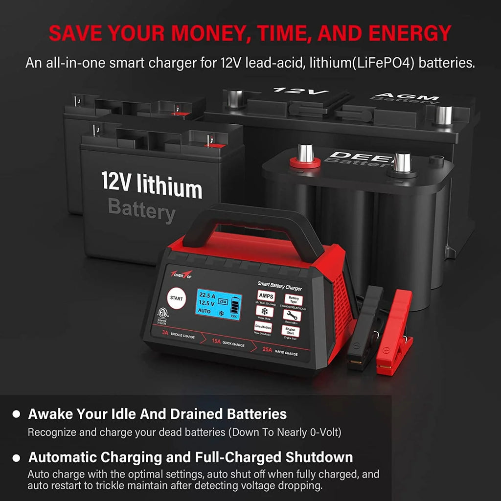 TowerTop Battery Charger, 3/15/25Amp 12V Fully Automatic Smart Trickle Charger, Automotive Battery Maintainer for 12 Volt Lead-Acid and LiFePO4 Lithium Batteries