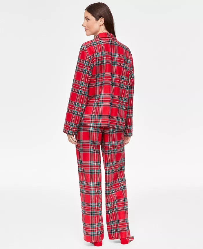 Flannel Pajama Set with Button Front and Notched Collar, Plaid Pattern