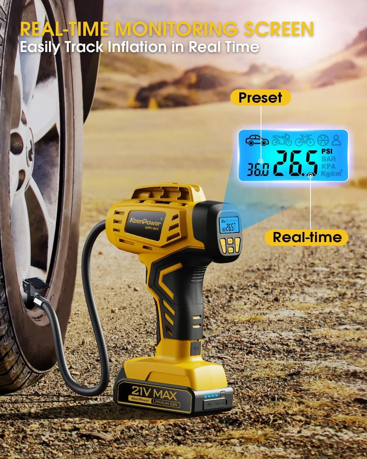 Tire Inflator Portable Air Compressor - 2X Faster - 21V Rechargeable Battery Powered Handheld 160PSI Tire Inflator, Dual Power Supply Modes, Air Pump for Car Motorcycle E-Bike