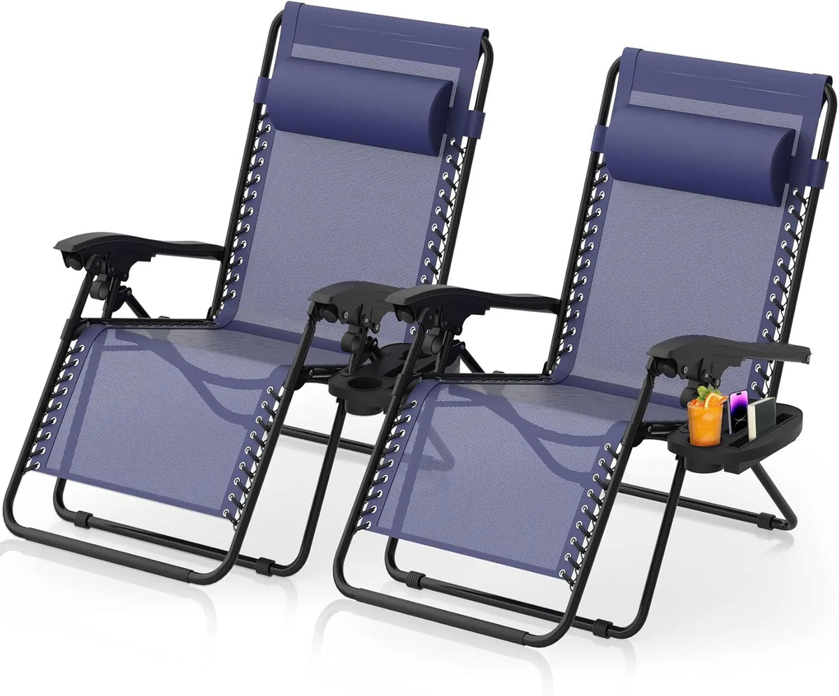 Zero Gravity Chairs Set of 2, Zero Gravity Lounge Chair w/Upgraded Lock, Big Cup Holder and Pillow, Reclining Patio Chairs Folding Recliner for Indoor and Outdoor