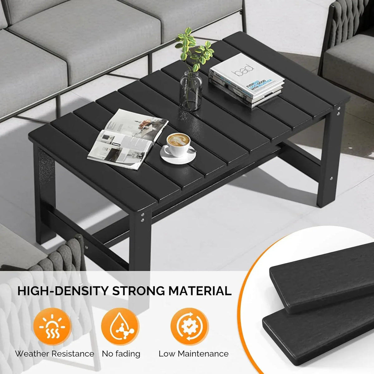 Outdoor Coffee Table, HDPE Patio Coffee Table for Outside, All-Weather Rectangle Coffee Table for Deck, Garden, Balcony, Porch, Indoor & Outdoor Use, Black