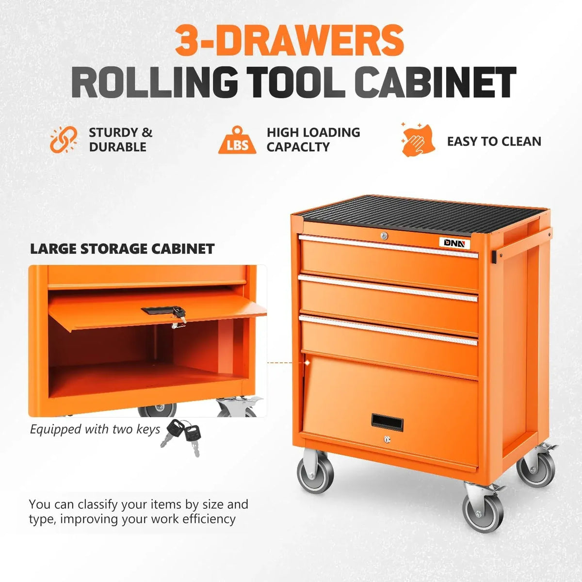 3-Drawer Rolling Tools Chest, Rolling Tool Storage Cabinet, Heavy Duty Mechanic Tool Cart, Trolley Organizer for Garage, Warehouse, Workshop, Orange, TOOLS-00400