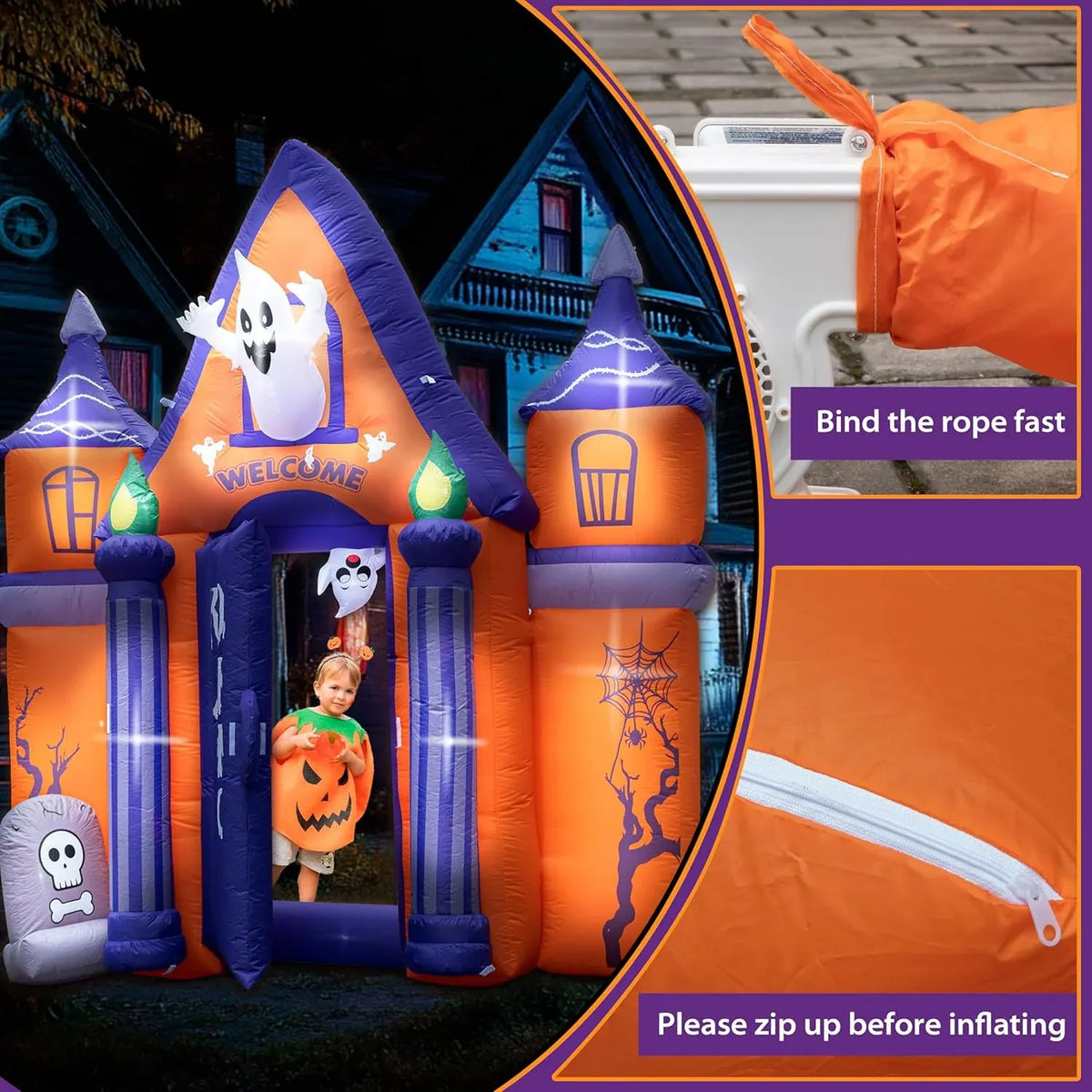 Halloween Inflatables10FT Castle Haunted House Arch Archway with Ghost Tombstone Removable Air Blower Bright LED Light - Cute Hoiday Outdoor Yard Lawn Garden Party Decorations