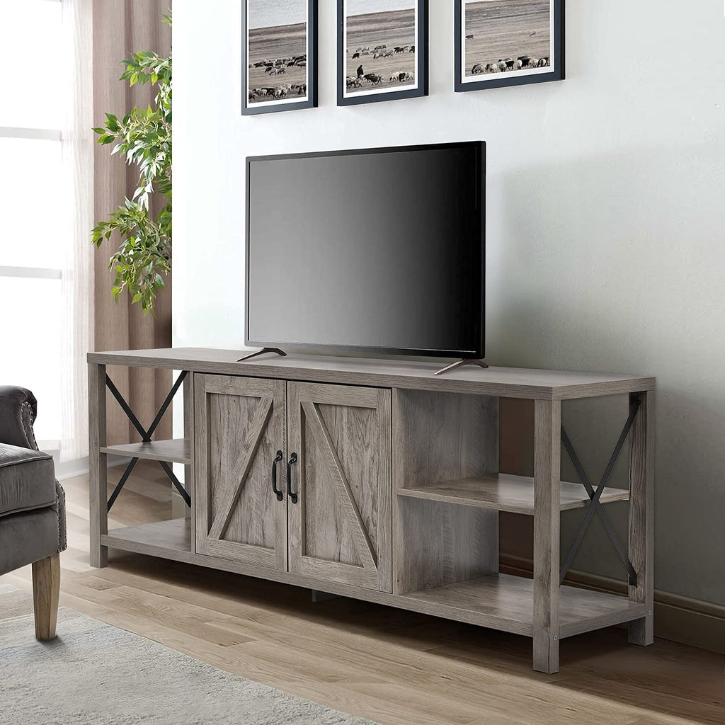 70 Inch TV Stand for 75 Inch TV Entertainment Center Farmhouse, Modern Barn Door TV Console Table with Storage Cabinets and Shelves for TVs Up to 75, Rustic Gray Wash