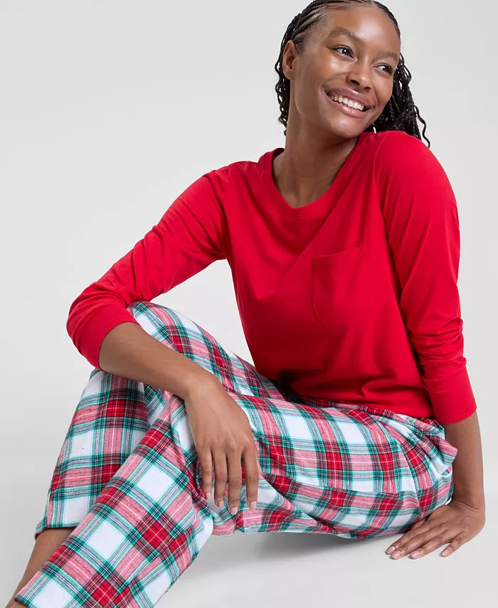 Flannel Pajama Set for Women with Plaid Pattern and Drawstring Waist