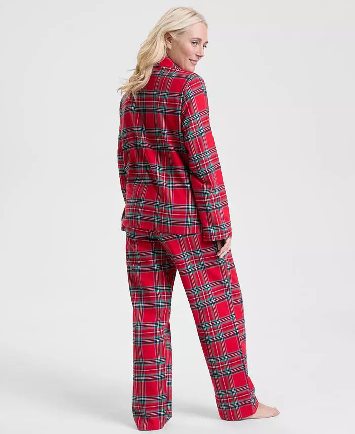 Flannel Pajama Set with Button Front and Notched Collar, Plaid Pattern