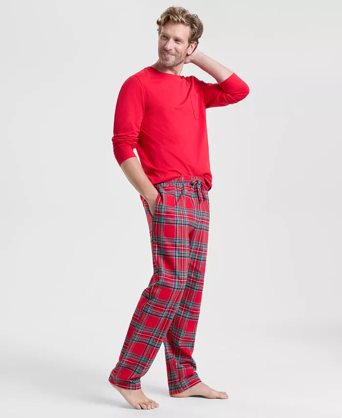 Cotton Flannel Pajama Set with Plaid Pattern and Pockets, Elastic Drawstring Waist