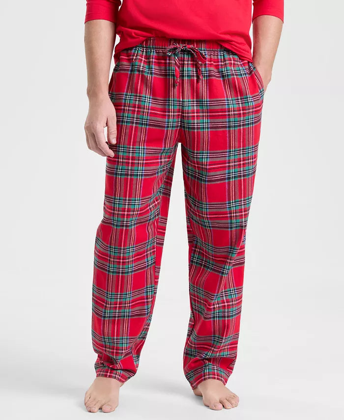Cotton Flannel Pajama Set with Plaid Pattern and Pockets, Elastic Drawstring Waist