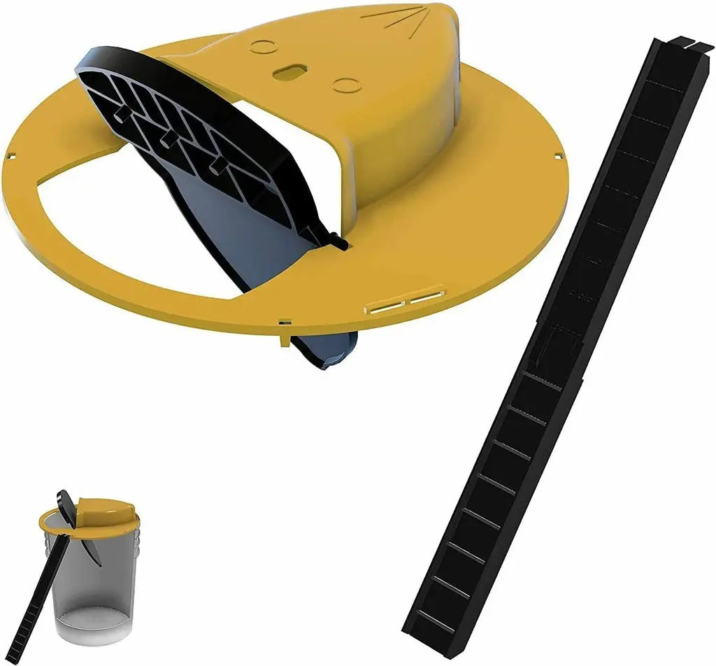 Bucket Mouse Trap with Counterweighted Plank and Two-Part Ramp, Enclosed Catch Design
