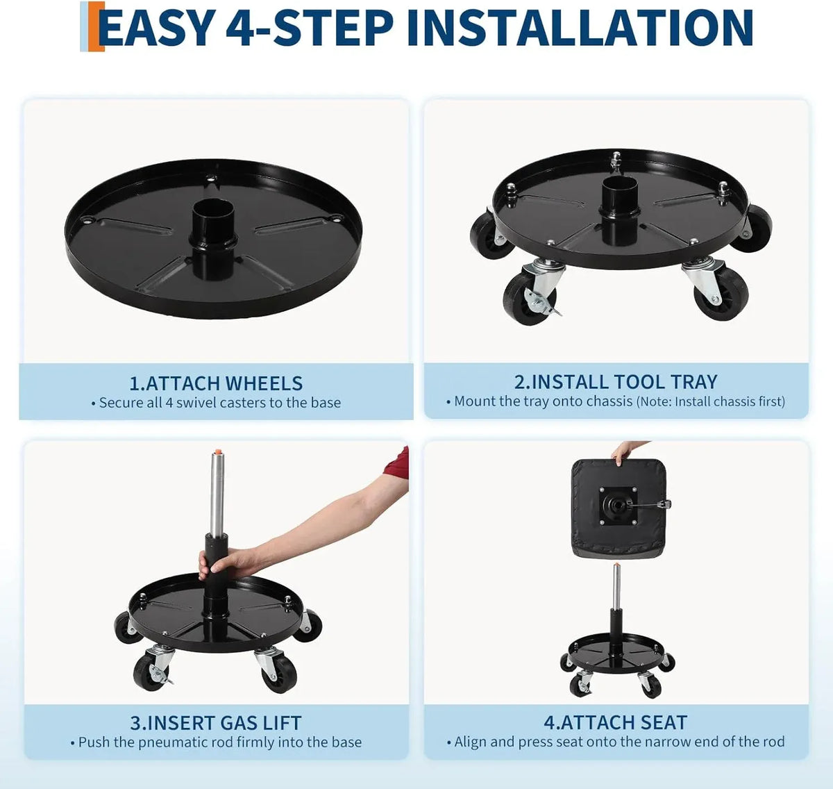 Rolling Shop Stool w/ 3 Locking Swivel Wheels, 300LB Capacity, 18-22 Height Adjustable with Soft Cushion & Tool Tray, Telescoping Mechanic Seat for Garage, Auto Repair, Heavy-Duty, Black