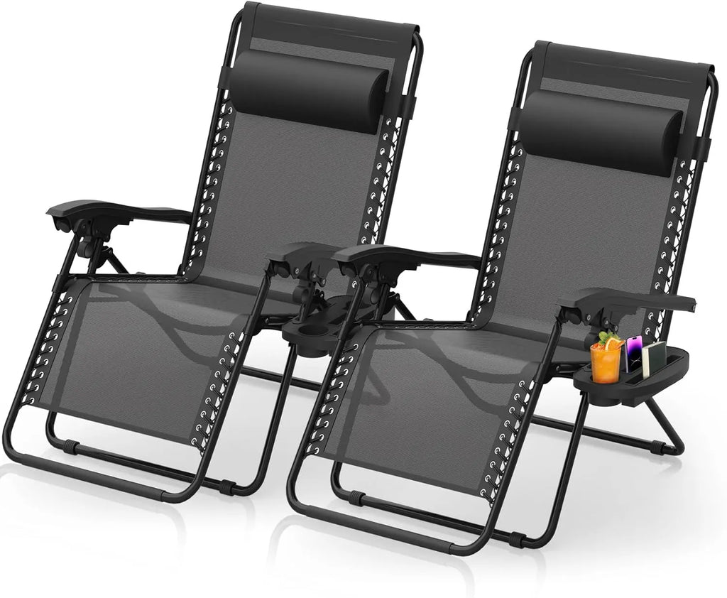 Zero Gravity Chairs Set of 2, Zero Gravity Lounge Chair w/Upgraded Lock, Big Cup Holder and Pillow, Reclining Patio Chairs Folding Recliner for Indoor and Outdoor