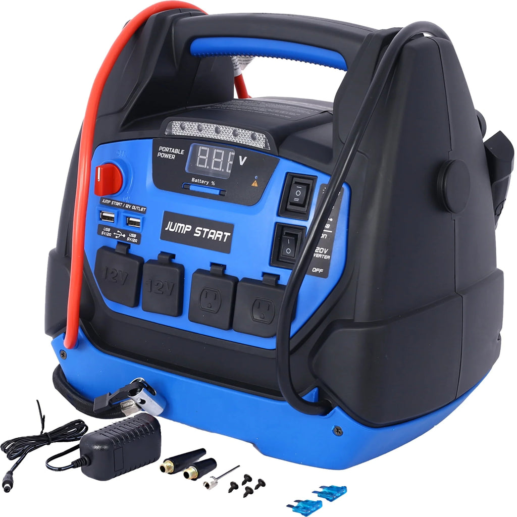 iRerts 1800 Peak Amp Jump Starter, Rechargeable Jump Starter for Gas Diesel Vehicles, Portable Power Station Powerhouse with Air Compressor, 2 DC Outlets, 2 AC Outlets, and 2 USB Ports