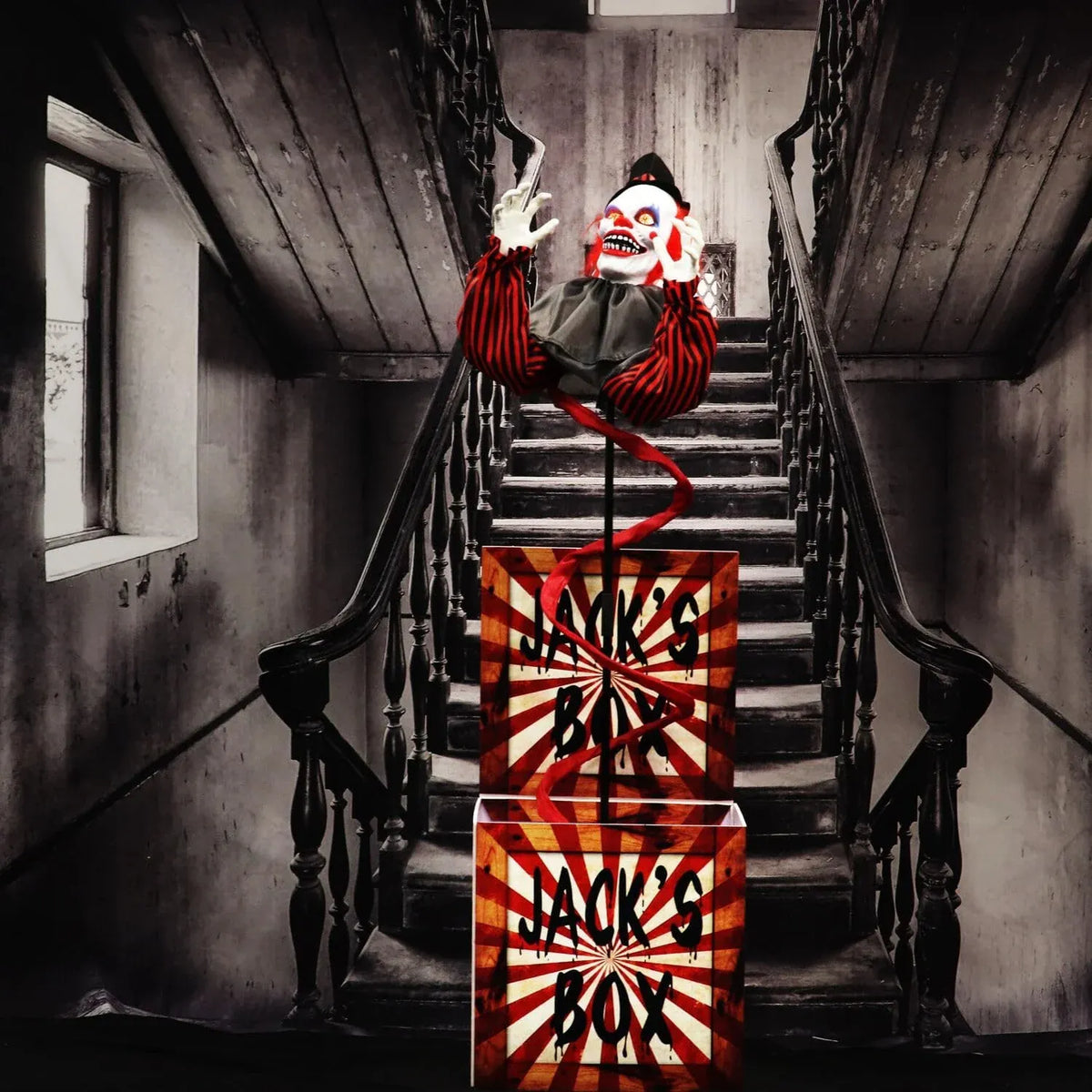 Haunted Hill Farm Life-Size Talking Clown Jack in The Box, Halloween Animatronic with Motion and Touch Activated Lights and Sounds, Battery Operated Indoor or Covered Outdoor Halloween Decorations