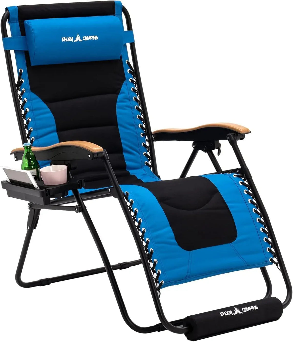 Amopatio Oversized Zero Gravity Chair with Cushion, XL Folding Outdoor Lounge Reclining Patio Chair with Tray/Footrest/Headrest for Camping Sunbathing Relaxing