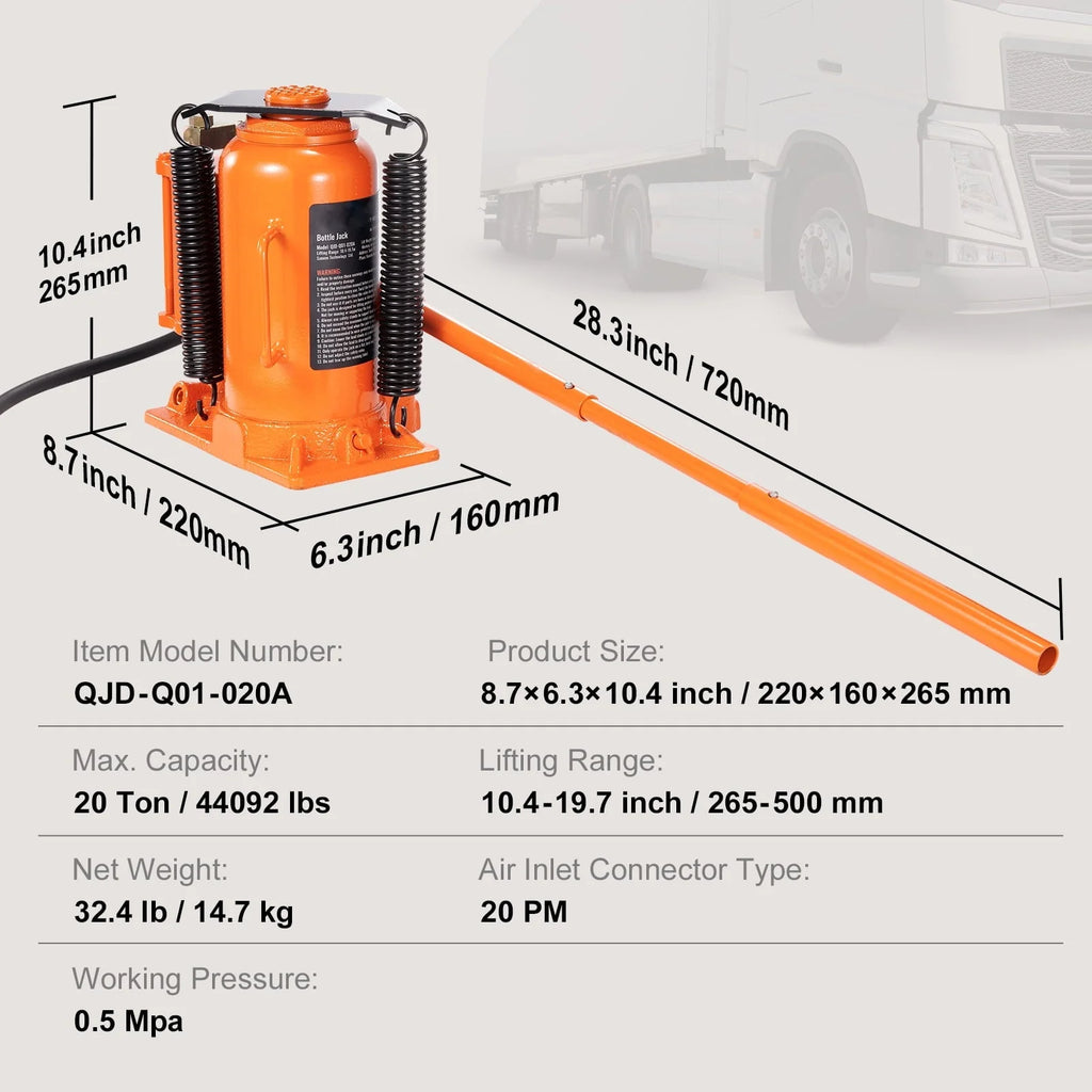 SKYSHALO Air Hydraulic Bottle Jack, 20 Ton Capacity, for High-Lift Automotive Repair in Car Shops