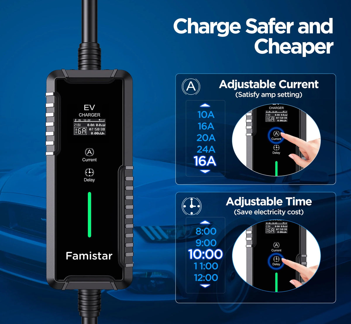 Famistar Level 2 & Level 1 EV Charger, 16Amp 110-240V Portable J1772 Electric Car Charger with Adjustable Amp Delayed Timer 25ft Long Cord