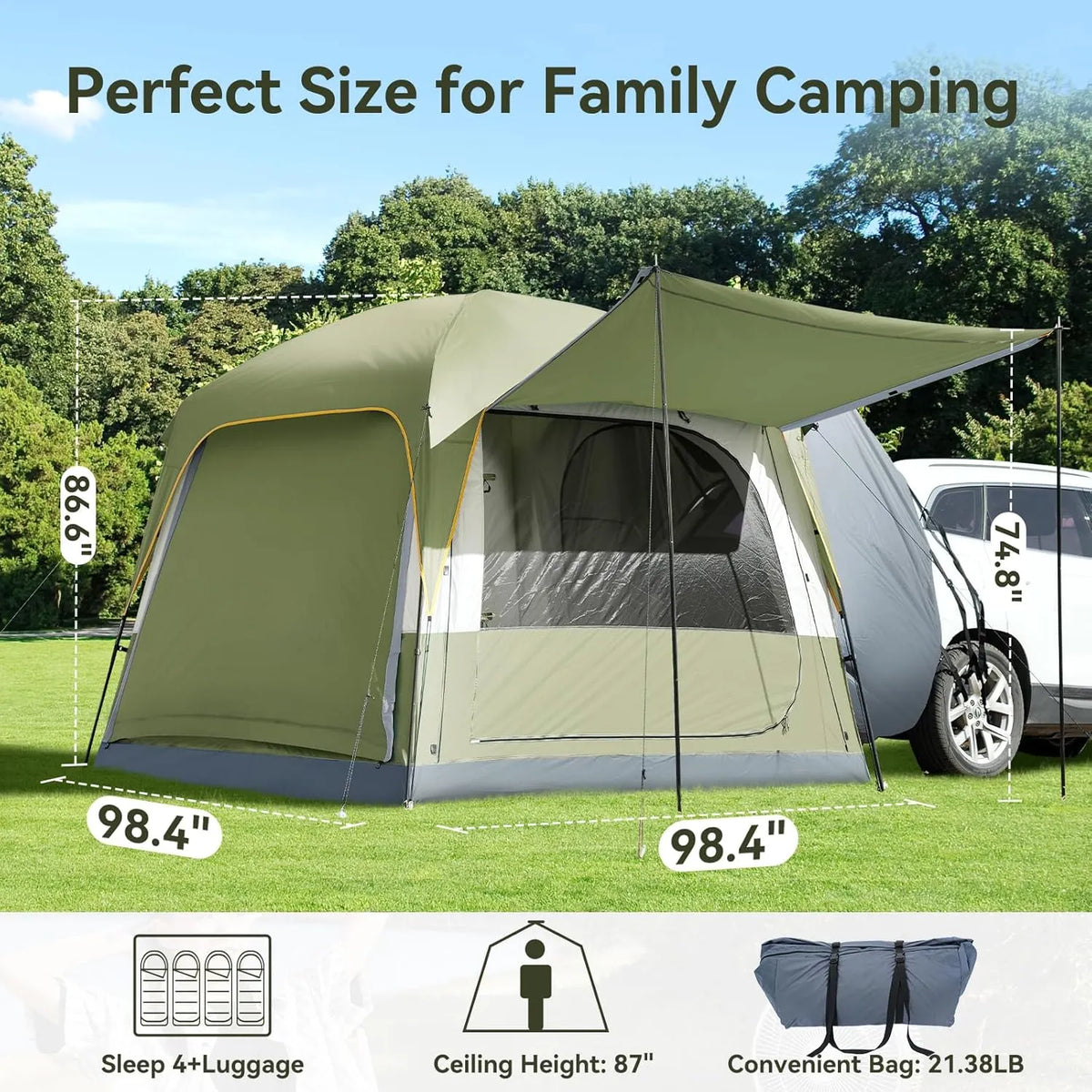 SUV Tent for Camping with 2 Awnings, 4-6 Person Waterproof Car Truck Camping Tent with Thickened Poles, PU3000mm SUV Tailgate Van with Rainfly, Army Green